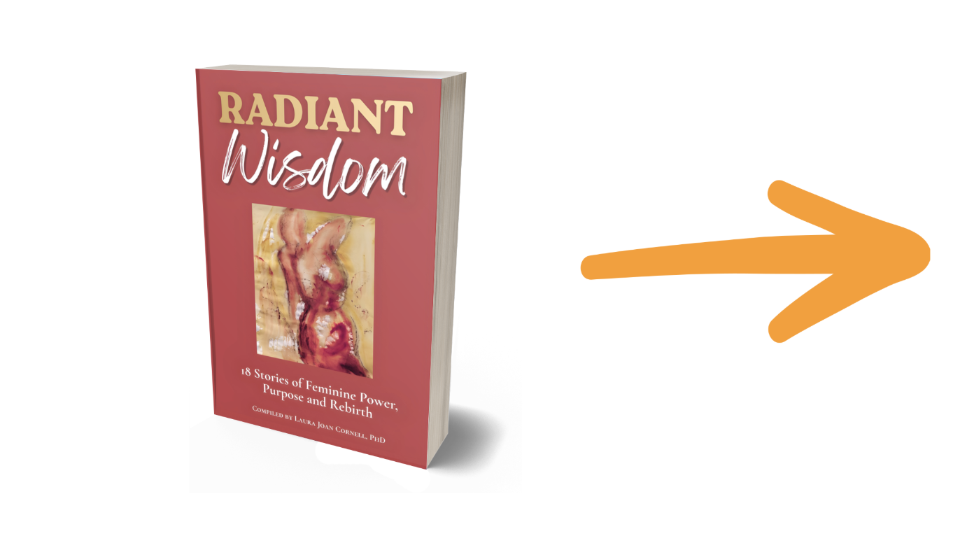Red book cover titled 'Radiant Wisdom' with subtitle about feminine power, with a large orange arrow pointing to the right.